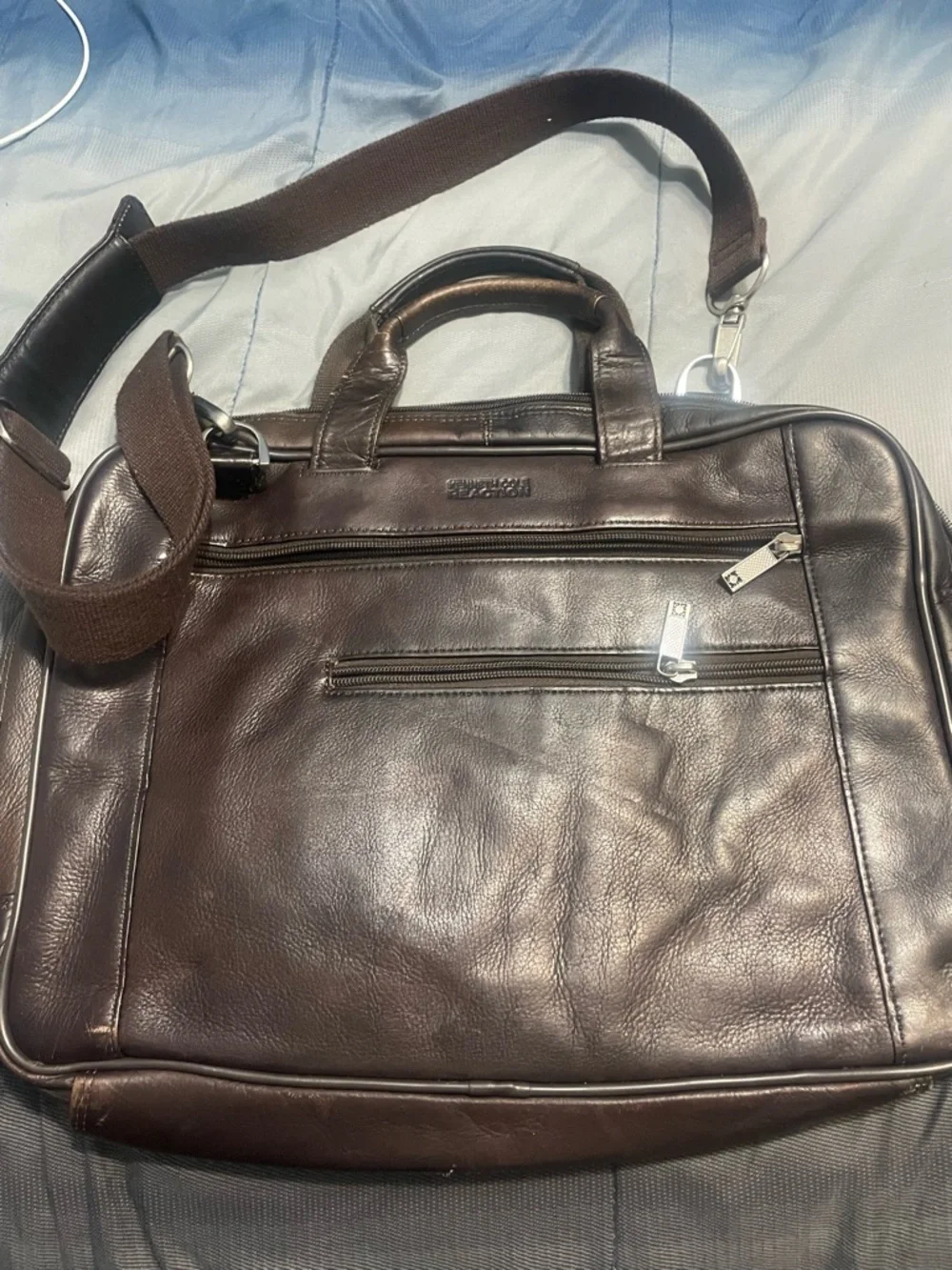Kenneth Cole Reaction Dark Brown Leather Briefcase with Shoulder Strap